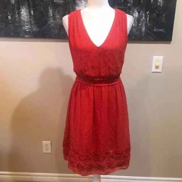 Max Studio Mini Polka Dot Ruffled Elastic Waist w/Flowers along Hem Midi Dress-M - Picture 1 of 10